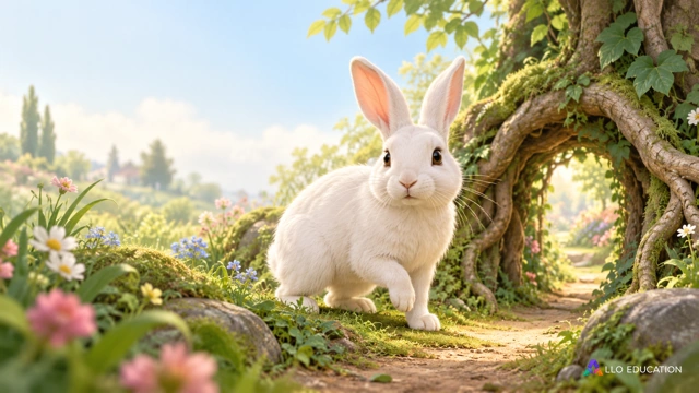Un lapin blanc se tient près d’un passage entre des racines dans un jardin imaginaire.