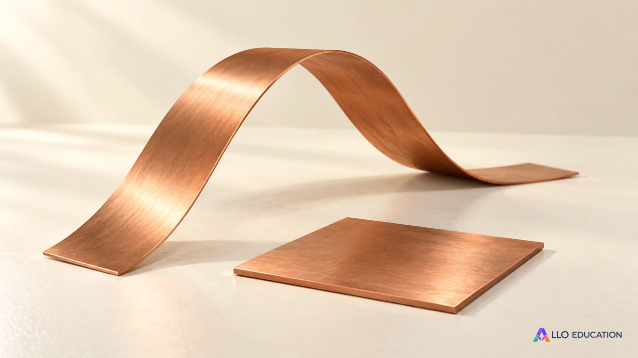 Une bande de métal cuivrée forme une courbe à côté d’un morceau plat sur une table claire.