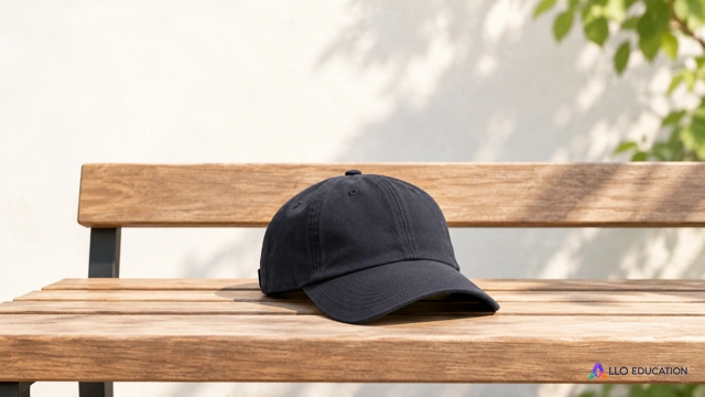 Une casquette sombre générique est posée sur un banc en bois clair.