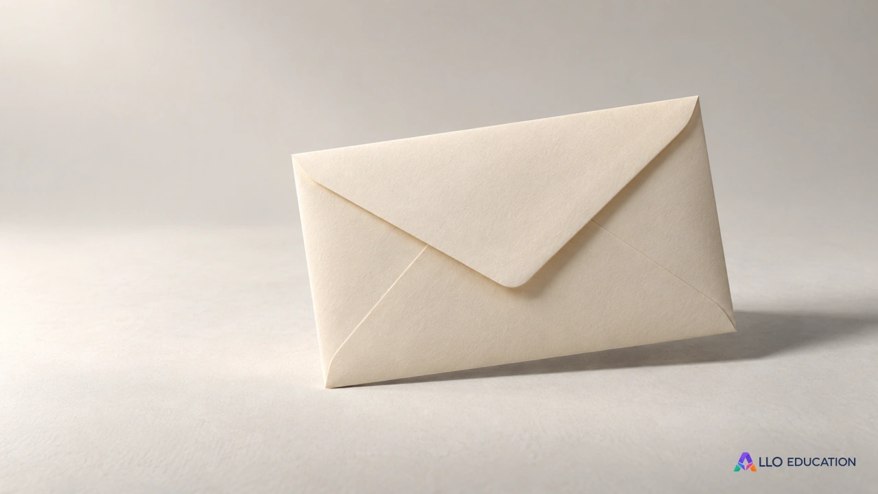 Une enveloppe crème fermée, sans adresse ni timbre, repose devant un fond clair.