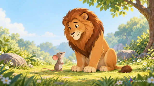 Un lion de fable assis et un petit rat se regardent dans une clairière imaginaire.