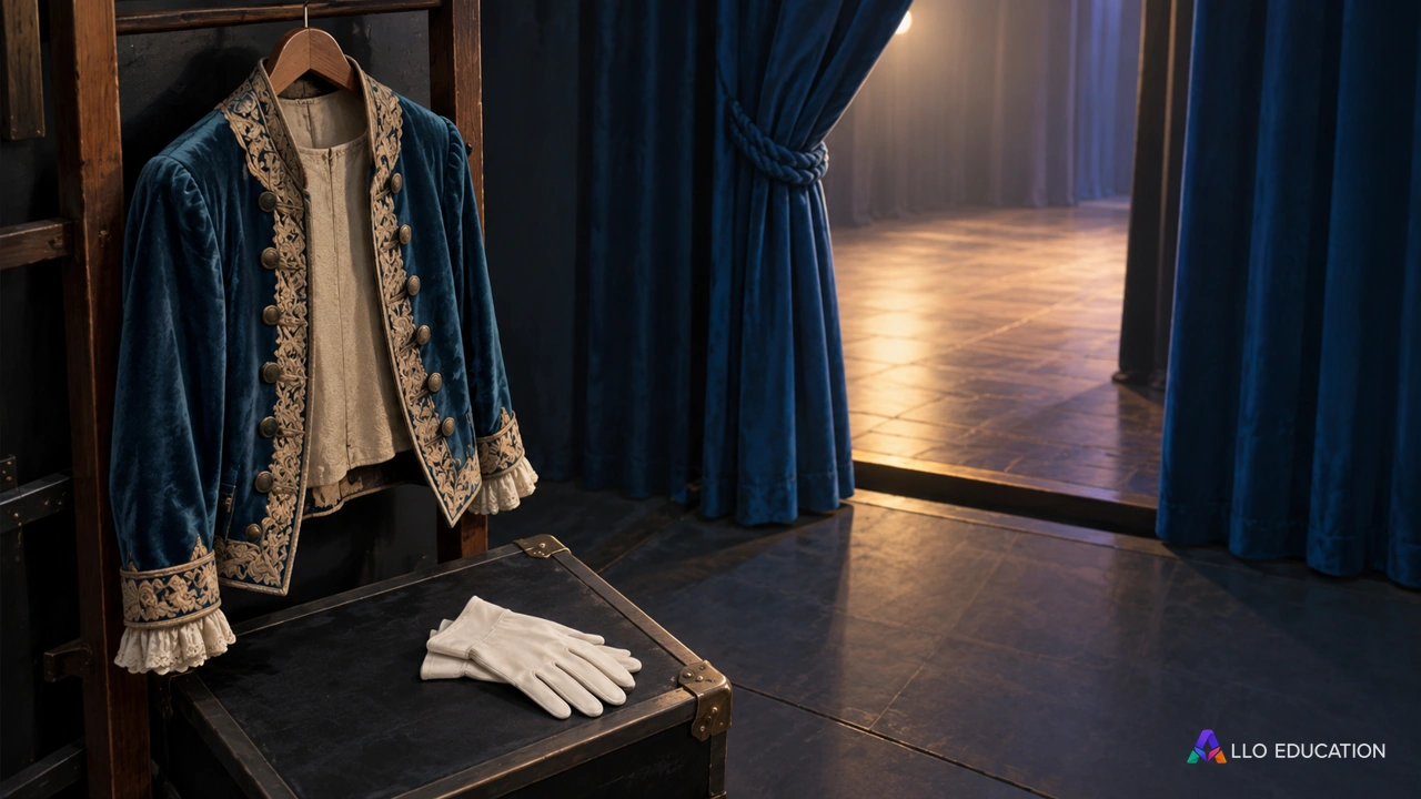 Une veste ancienne suspendue et des gants unis près d’un rideau bleu dans une coulisse fictive.