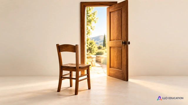 Une chaise vide se trouve devant une porte de bois ouverte dans une scène inventée.