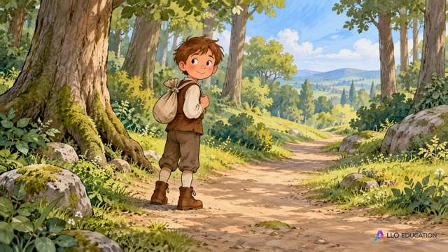 Un petit garçon de conte regarde un sentier de forêt claire avec un sac de tissu fermé.