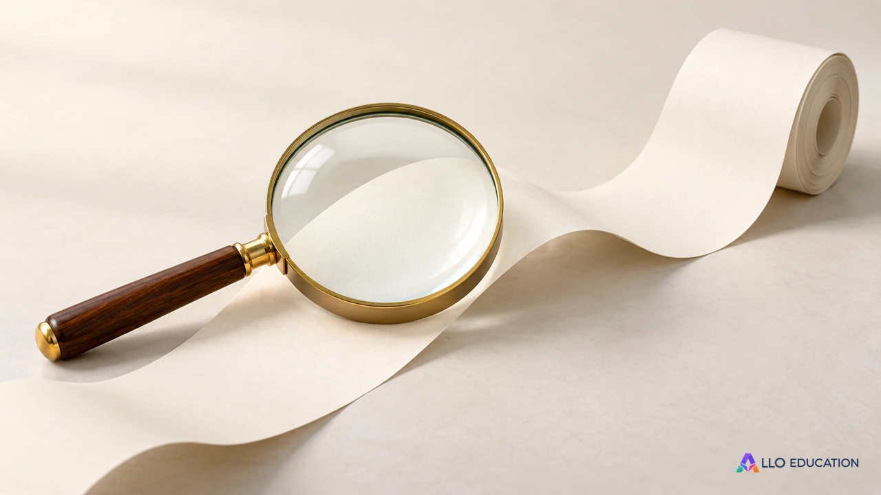 Une loupe à manche brun repose sur un ruban de papier ivoire sans inscription.