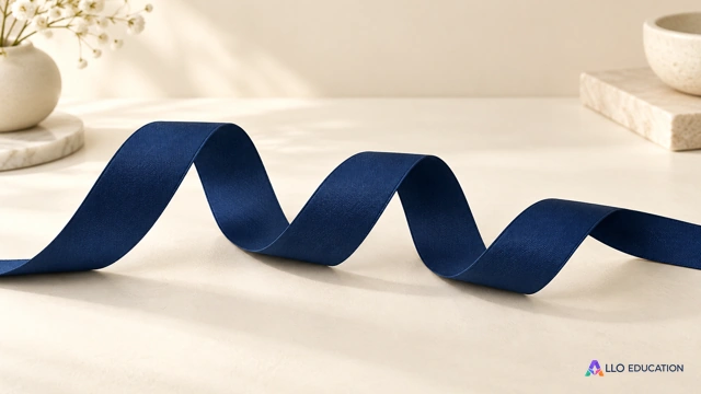 Un ruban bleu continu forme des courbes sur une table claire.