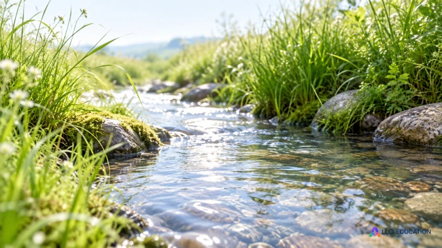 La lumière se reflète dans un petit ruisseau entouré d’herbes.