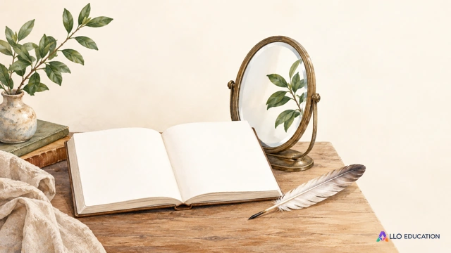 Un carnet aux pages blanches, une plume et un miroir qui reflète une branche verte reposent sur une table.
