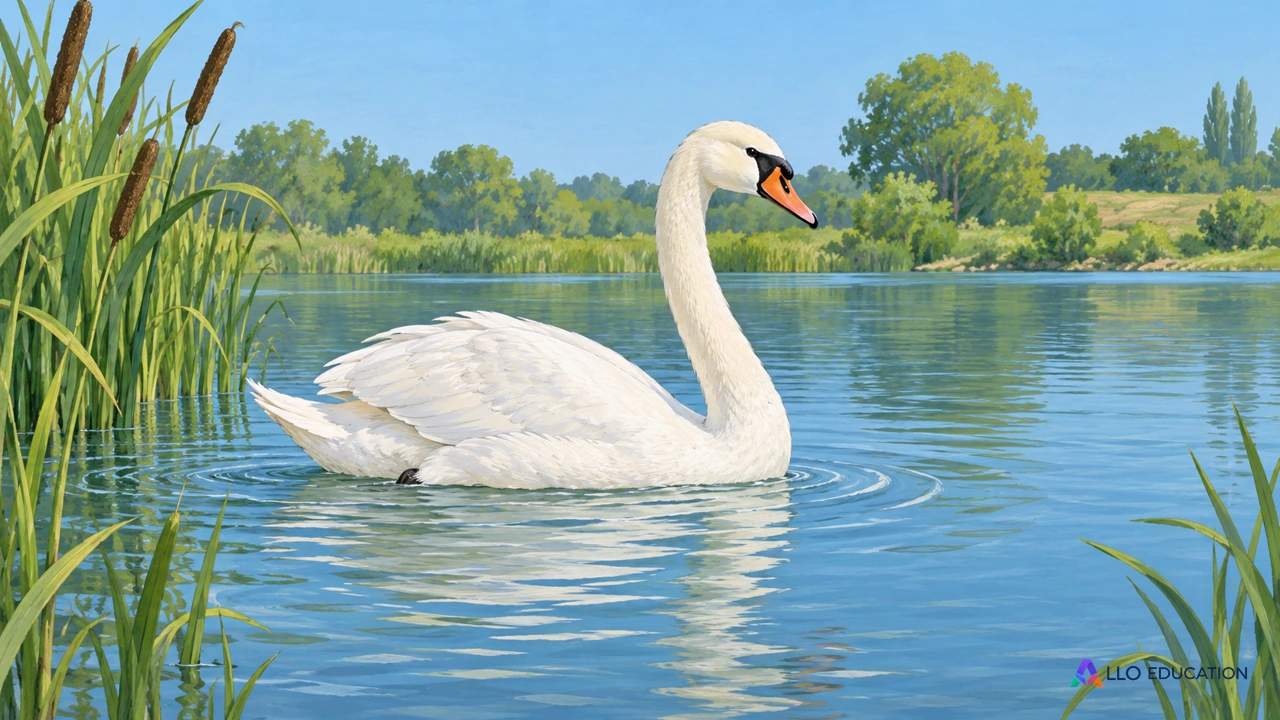 Un cygne blanc nage paisiblement près de roseaux, sur une eau calme sans scène de nourriture.