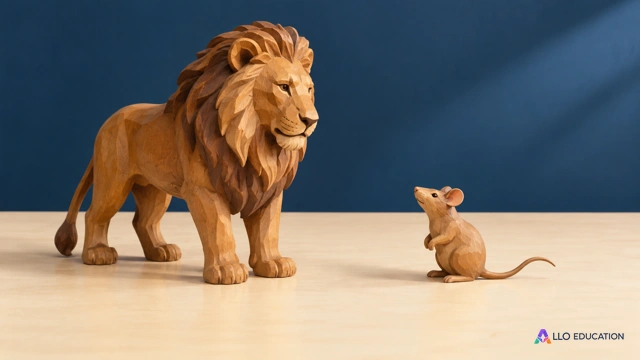 Deux figurines en bois, un lion et un rat, sur une table.