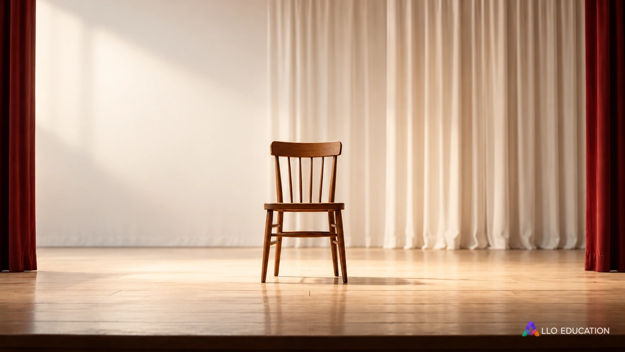Une chaise entière est placée au centre d’une scène sobre.