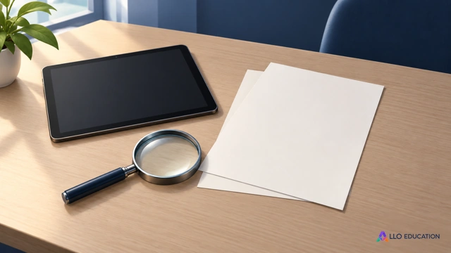 Une loupe auprès d’une tablette éteinte et de feuilles vierges.