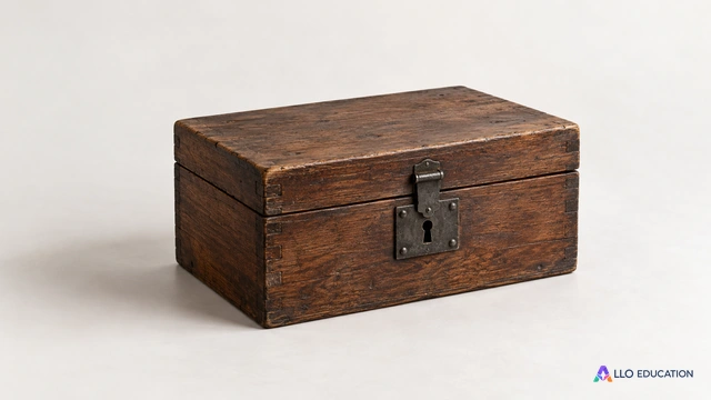 Un coffret de bois fermé sans inscription sur fond clair.