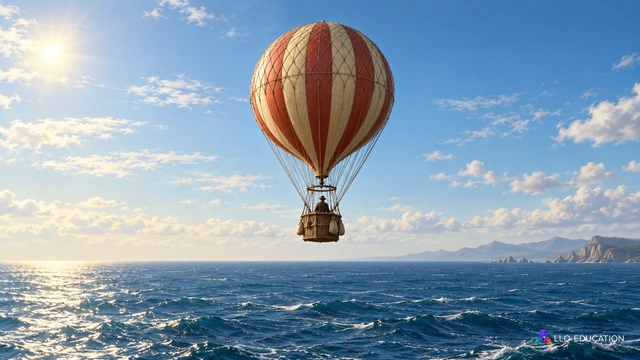 Un ballon ancien et sa nacelle survolent une mer ouverte, loin d’une côte.