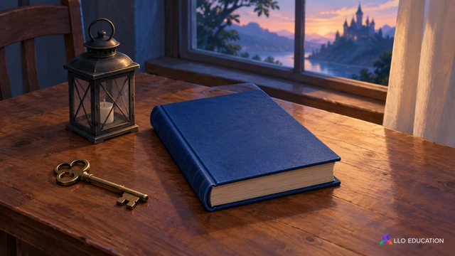 Un livre fermé, une lanterne et une clé sur une table de lecture.