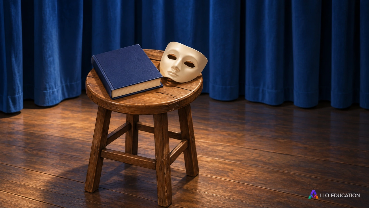Un livre fermé et un masque sur un tabouret devant un rideau.