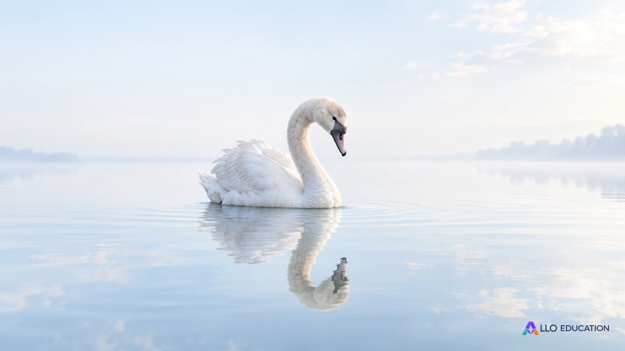 Un jeune cygne blanc observe son reflet dans une eau calme et claire, pour évoquer la découverte de soi.