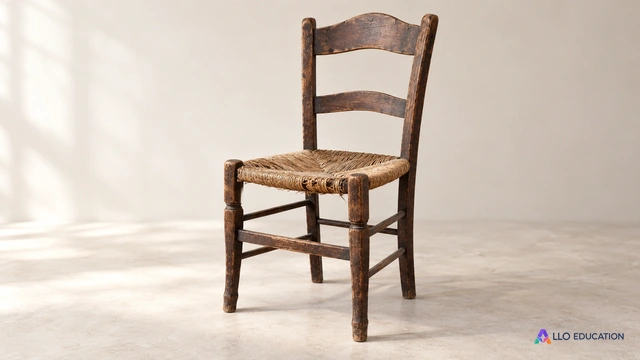 Une chaise ancienne usée mais stable sur fond clair.