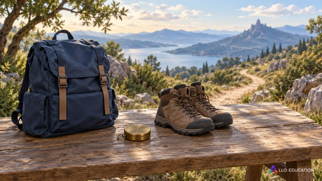 Une boussole fermée, un sac et des chaussures de marche.