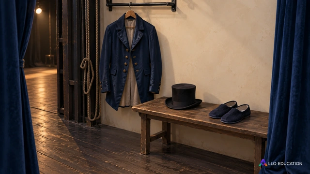 Une veste, un chapeau et des pantoufles dans une coulisse vide.