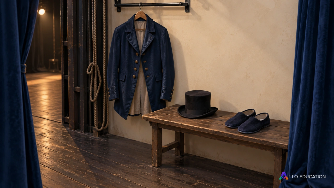 Une veste, un chapeau et des pantoufles dans une coulisse vide.