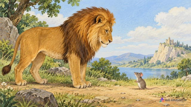 Un lion paisible et un petit rat sont représentés dans un décor imaginaire de fable, sans montrer le dénouement.