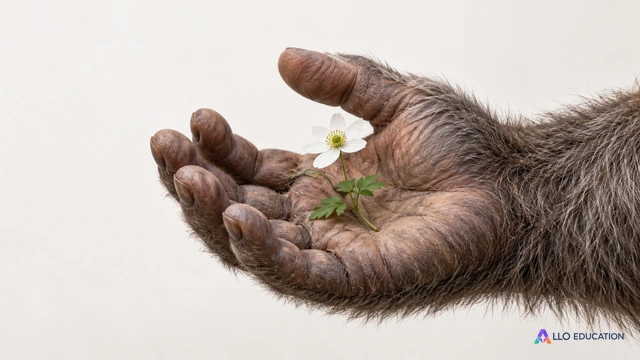 Une main velue imaginaire porte délicatement une petite fleur blanche sur fond clair, pour évoquer le contraste entre apparence et geste.