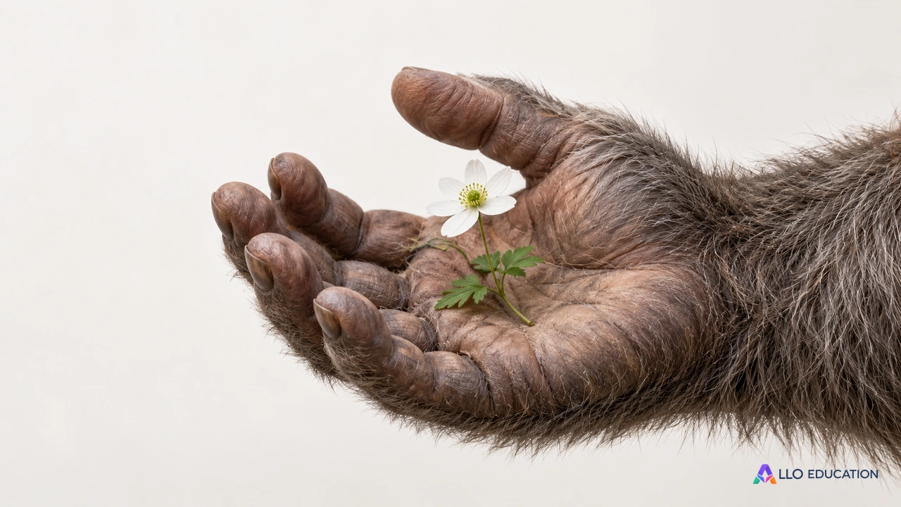 Une main velue imaginaire porte délicatement une petite fleur blanche sur fond clair, pour évoquer le contraste entre apparence et geste.