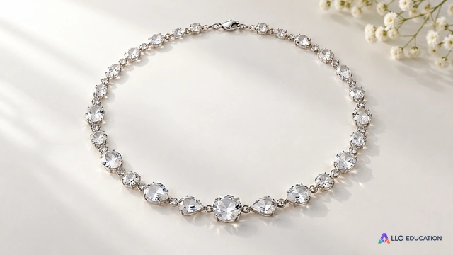 Un collier fictif complet de pierres transparentes sur fond clair.