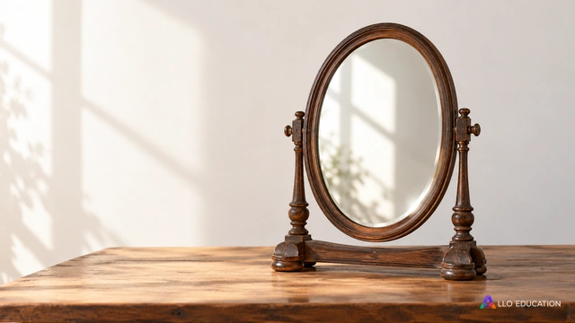 Un petit miroir ancien repose sur une table sobre sans visage identifiable.