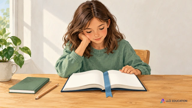 Une collégienne regarde un livre aux pages vierges, avec un marque-page et un carnet fermé sur la table.