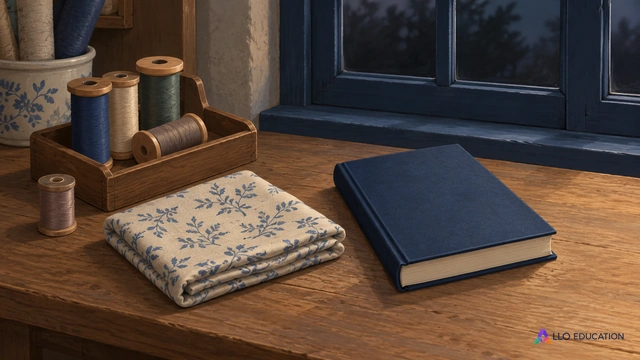 Bobines de fil et tissu auprès d’un livre fermé, devant une vitre sombre.