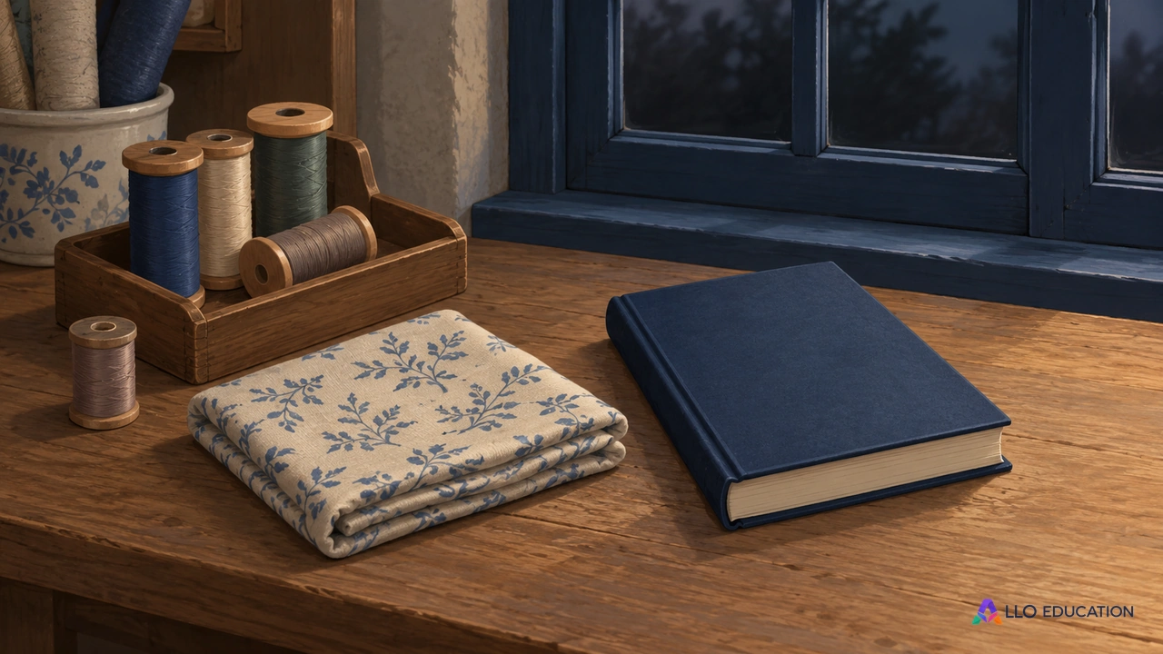Bobines de fil et tissu auprès d’un livre fermé, devant une vitre sombre.