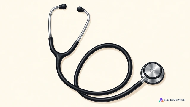 Un stéthoscope noir et argent entier, isolé sur un fond clair sans inscription.