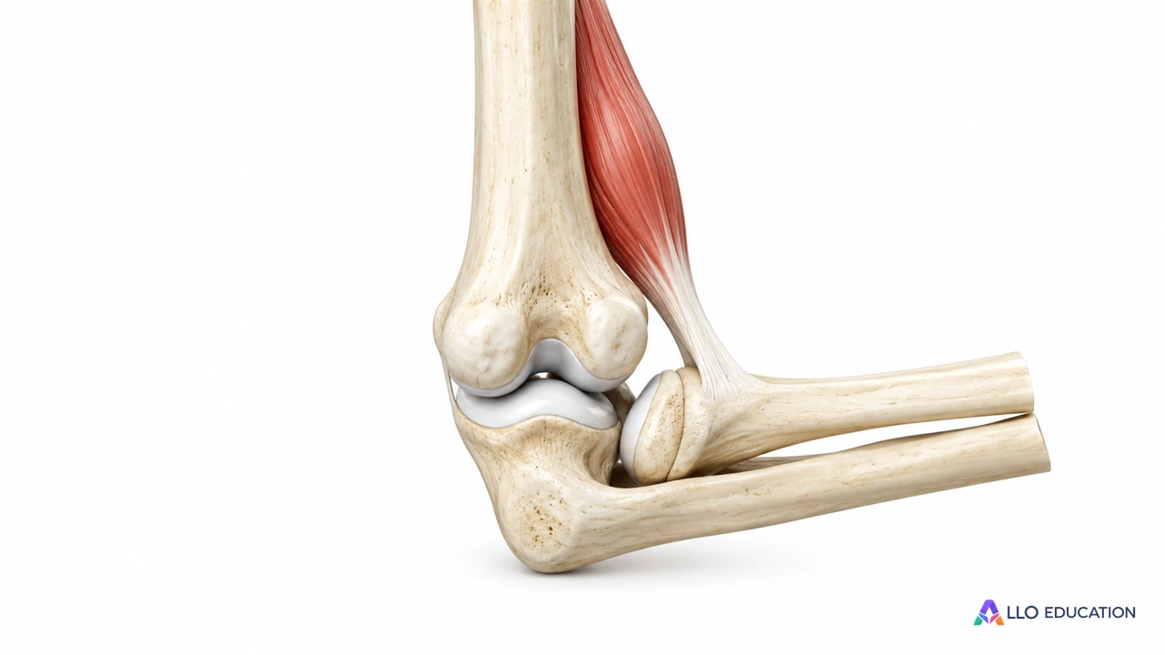 Un modèle du coude articulé, os crème et bande musculaire rouge : voir les structures qui rendent le mouvement possible.