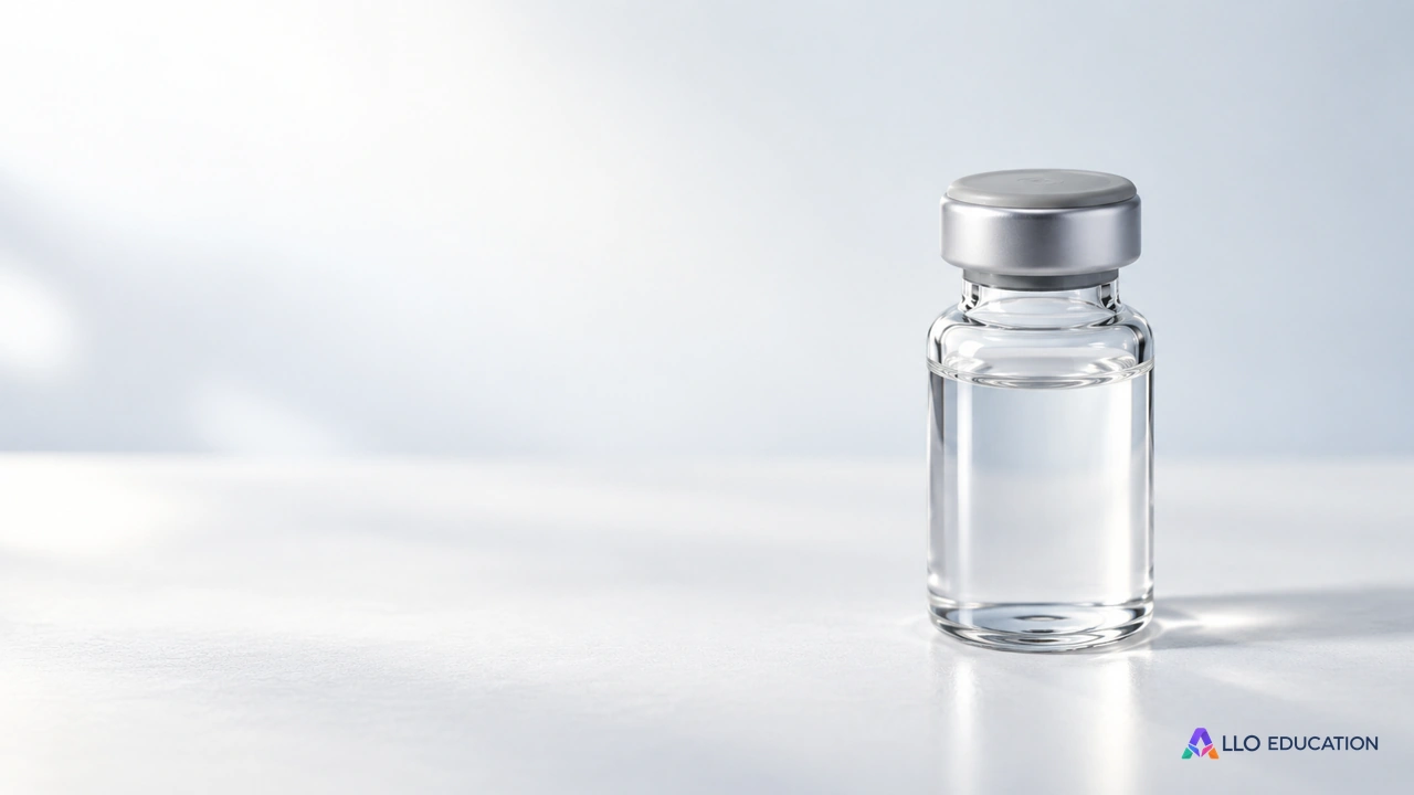 Un flacon de vaccin fictif en verre, fermé par un bouchon, sans aucune étiquette ni marque.