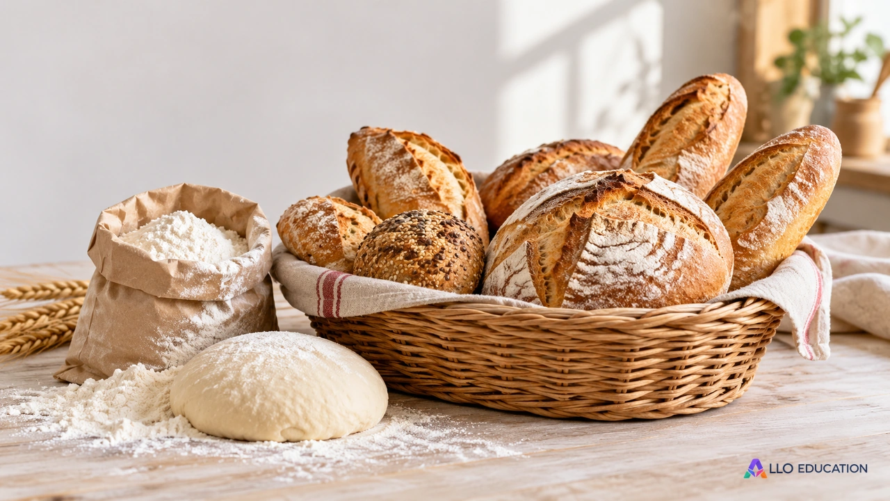 Une corbeille de pains, de la farine et de la pâte rendent visible la transformation de matières premières en production.