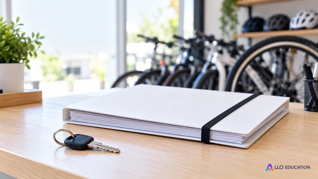 Un dossier fermé et une clé de vélo sur un comptoir clair évoquent une relation organisée par des règles.