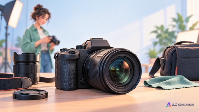 Un appareil photo au premier plan d’un studio clair, avec une silhouette floue.