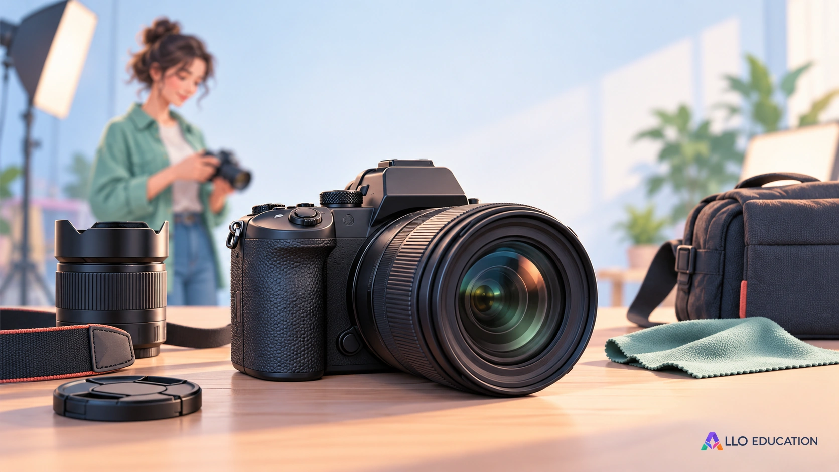 Un appareil photo au premier plan d’un studio clair, avec une silhouette floue.