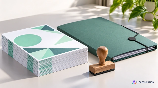 Une pile de prospectus et un dossier fermé représentent une commande dans une imprimerie fictive.