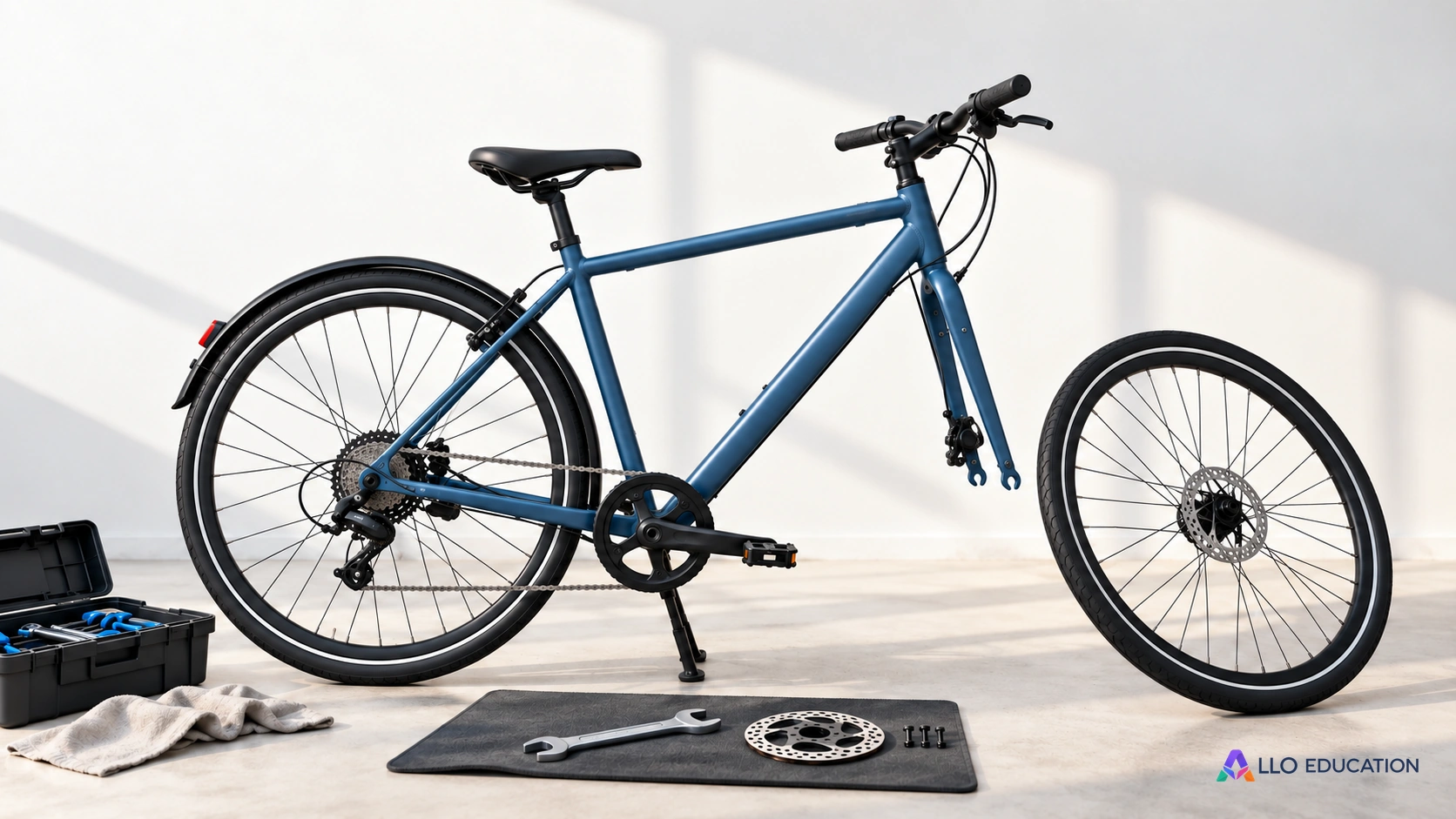 Un vélo urbain et sa roue démontée évoquent la réparation et la durée d’usage.