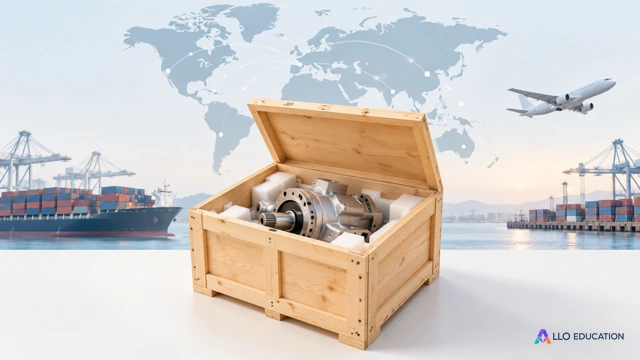 Une caisse et une pièce mécanique annoncent les échanges de biens entre pays.