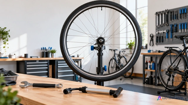 Une roue de vélo et des outils de réparation représentent l’activité d’un atelier fictif.
