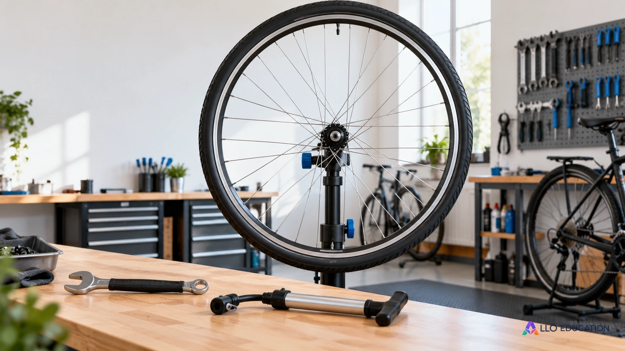 Une roue de vélo et des outils de réparation représentent l’activité d’un atelier fictif.