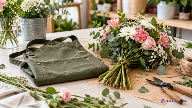 Un tablier de fleuriste plié et un bouquet en cours de préparation évoquent une activité professionnelle organisée.
