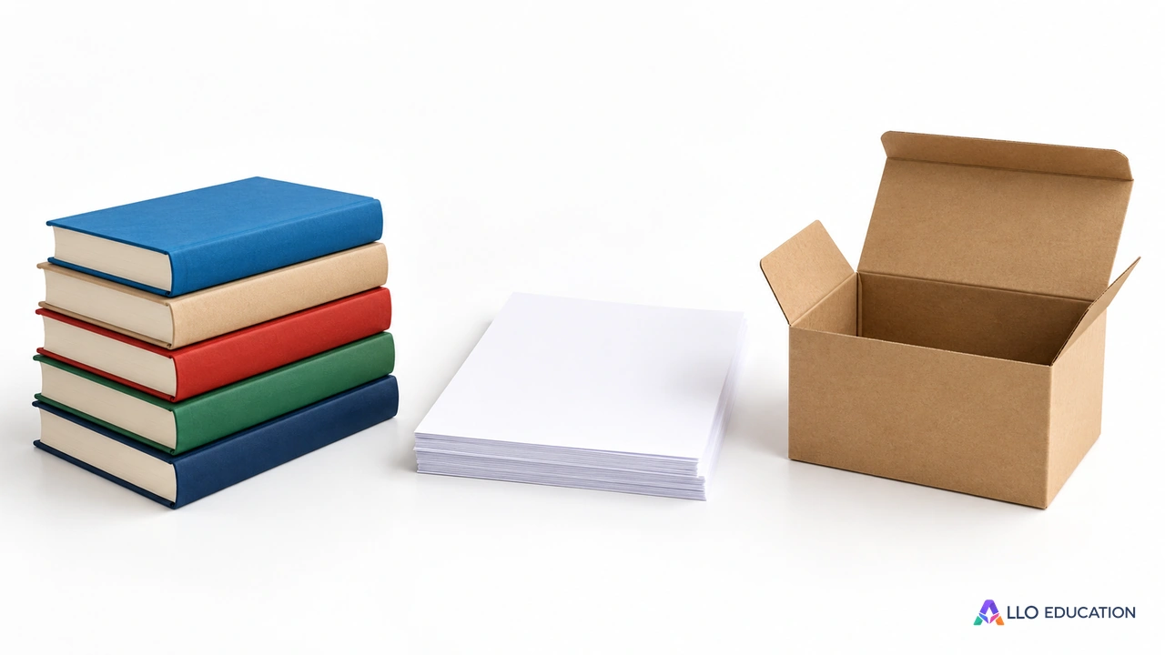 Une pile de livres fermés sans inscription à gauche, des feuilles vierges au centre, une boîte ouverte vide à droite.