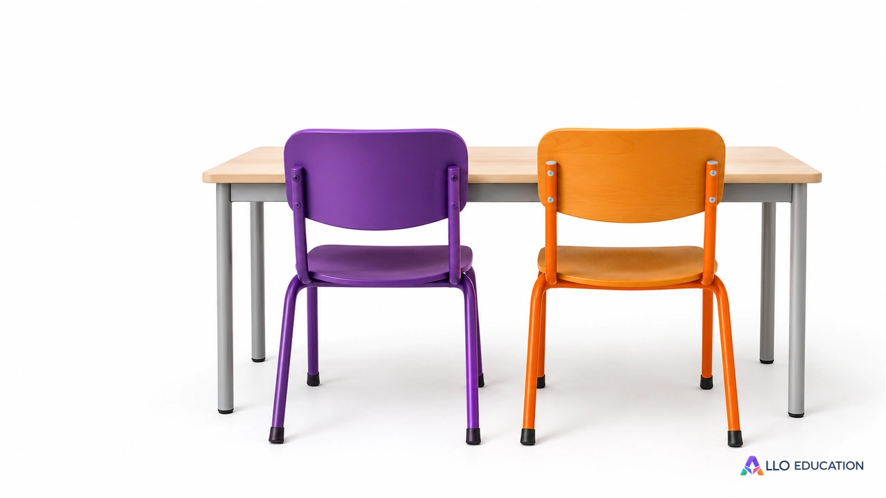 Deux places scolaires, chaises violette et orange devant une table commune : une illustration de la participation.