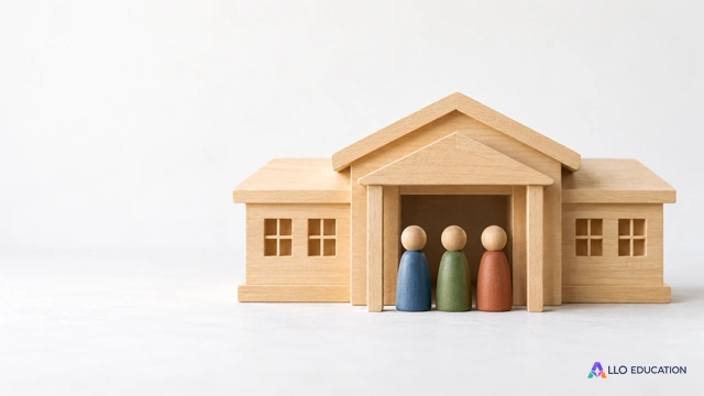 Trois figurines réunies sous le toit d’un petit bâtiment scolaire en bois.