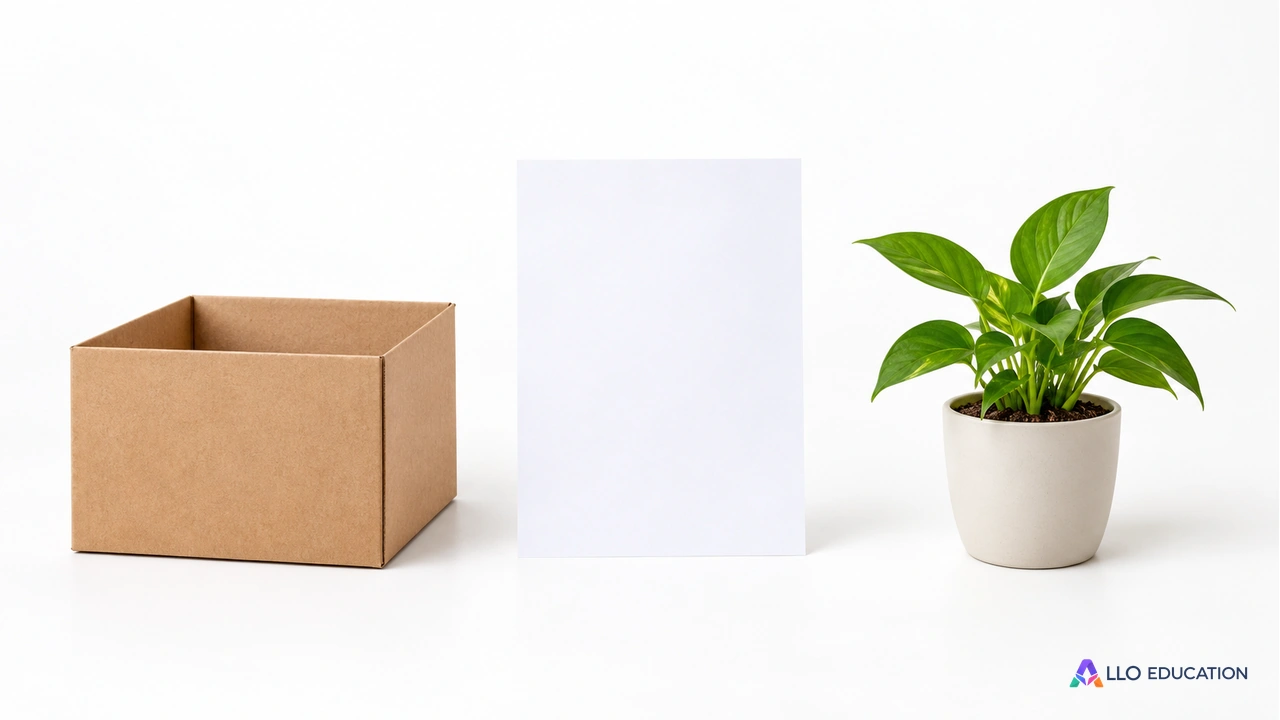 À gauche une boîte en carton kraft vide sans inscription ; au centre une feuille blanche ; à droite une petite plante verte en pot uni.